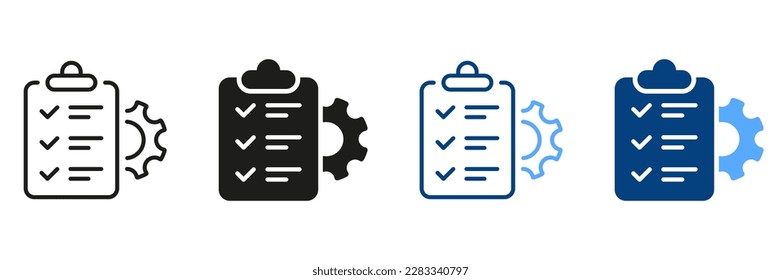 Gear, Clipboard, Pencil Project Setting Checklist Symbol Collection. Control Document Black and Color Sign. Check List and Cog Wheel Management Plan and Line Icon Set. Isolated Vector Illustration.