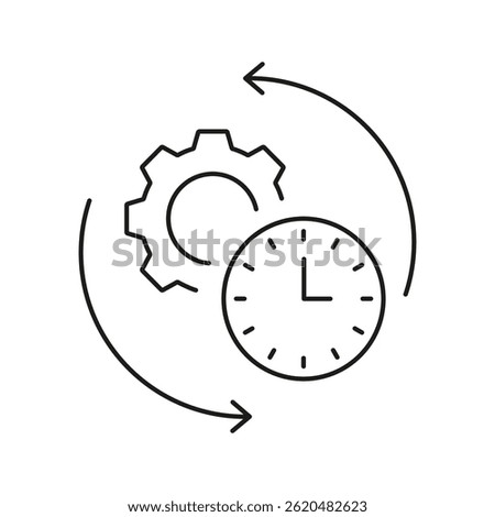 Gear And Clock With Arrows Line Icon. Process Optimization And Time Management Outline Symbol. Workflow Efficiency And Productivity Enhancement. Editable Stroke. Isolated Vector Illustration.