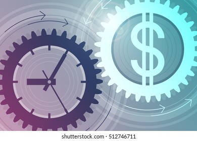 Gear with clock face as symbol of time and gear with dollar sign as symbol of money near to each other. Interaction and interdependence of time and money. Concept of successful business. Tinted effect