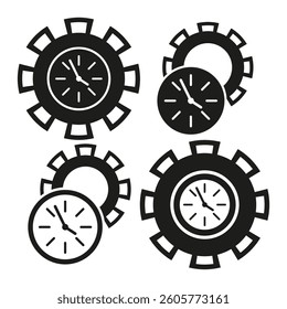 Gear clock icons. Mechanical time symbol. Industrial vector design. Bold wheel display.