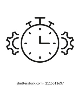 Gear and Clock Line Icon. Cog Wheel and Watch Time Deadline, Settings, Control Efficiency Concept Linear Pictogram. Optimization Process Outline Icon. Editable Stroke. Isolated Vector Illustration.