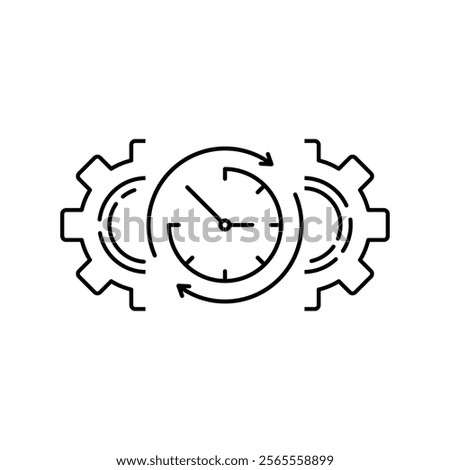 Gear and Clock Line Icon. Cog Wheel and Watch Time Deadline, Settings, Control Efficiency Concept Linear Pictogram. Optimization Process Outline Icon.
