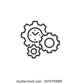 Engranaje con el icono de la línea de reloj. signo de estilo lineal para concepto móvil y diseño web. Icono vectorial de contorno de reloj y rueda cognitiva. Símbolo de gestión de tiempo, ilustración del logotipo. Gráficos vectoriales