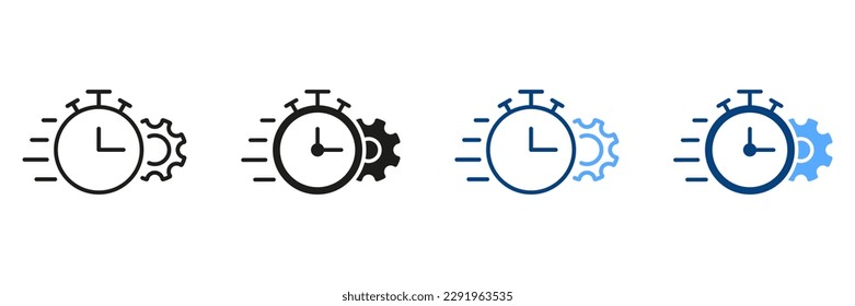 Gear and Clock Line and Silhouette Icon Set. Optimization Process Symbol Collection. Cog Wheel and Watch Deadline, Settings, Control Time and Efficiency Pictogram. Isolated Vector Illustration.