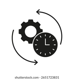 Gear And Clock Solid Icon. Process Optimization, Time Management, And Workflow Efficiency Silhouette Symbol. Automation And Productivity Enhancement. Isolated Vector Illustration.