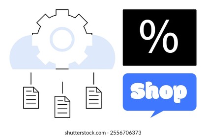 Gear in a cloud with documents connected below. Percentage sign in a black box and shop text in a blue bubble. Ideal for cloud computing, e-commerce, online shopping, discounts, digital sales. Flat