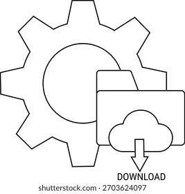 Icono de la nube y de la carpeta del engranaje con la flecha de la Descarga Diagrama técnico