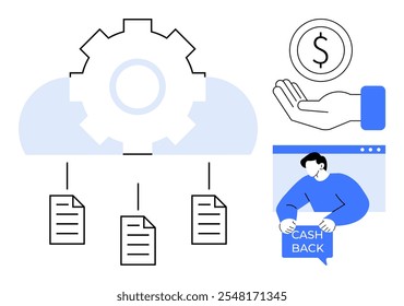 Gear and cloud, hand with coin, web window. Ideal for business automation cash back services data management online transactions and savings. Modern flat style