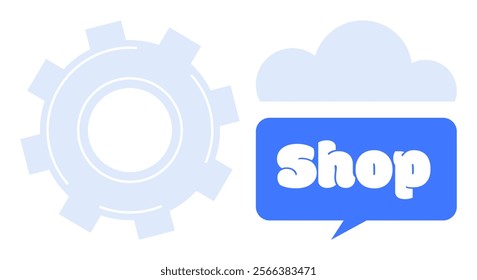 Gear and cloud shapes beside a blue speech bubble with the word shop inside suggest themes of online shopping and technology. Ideal for online businesses e-commerce cloud services and tech support