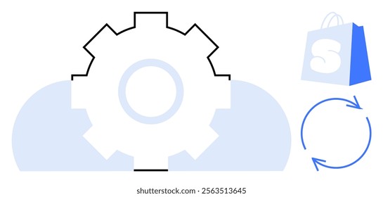 Gear and cloud with a shopping bag and a refresh symbol beside it. Ideal for technology themes, automation, e-commerce, cloud computing, and online shopping. Art style is simple vector design