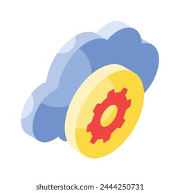 Gear with cloud showing concept isometric icon of cloud setting, cloud management