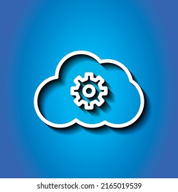 Gear, cloud simple icon vector. Flat design. White icon with shadow on blue background.ai