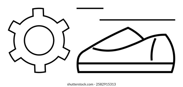 Gear cog adjacent to a running shoe, emphasizing efficiency and athleticism. Ideal for fitness, engineering, productivity, sportswear, mechanical processes, sports technology, health. Line metaphor