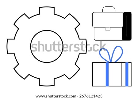 Gear cog, briefcase, and gift box with blue bow symbolizing productivity, work-life balance, and rewards. Ideal for business strategy, teamwork, efficiency, workplace motivation employee