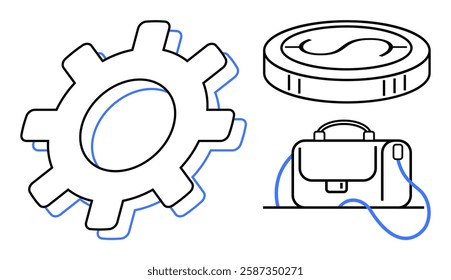 Gear cog, coin, and briefcase representing industry, economy, and professional themes. Ideal for business strategy, finance, industrial process, economic growth, professional services, corporate