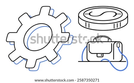 Gear cog, coin, and briefcase representing industry, economy, and professional themes. Ideal for business strategy, finance, industrial process, economic growth, professional services, corporate