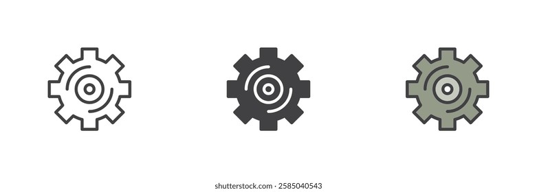 Gear, cog different style icon set. Line, glyph and filled outline colorful version, outline and filled vector sign. Maintenance symbol, logo illustration. Vector graphics