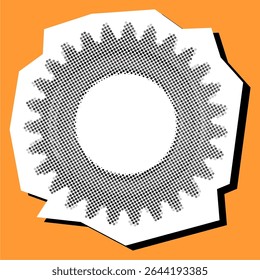 Engrenagem cog pontilhada elemento de colagem em um vetor de papel rasgado, criado com pontilhismo. Representação artística e simbólica para a indústria, mecânica, inovação ou sistemas complexos.