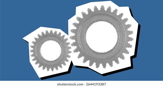 Engrenagem cog pontilhada elemento de colagem em um vetor de papel rasgado, criado com pontilhismo. Representação artística e simbólica para a indústria, mecânica, inovação ou sistemas complexos.