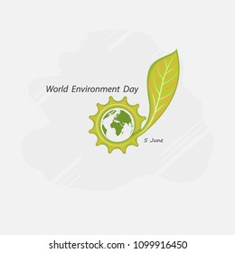Gear cog and Green concept.Globe and Leaf sign. World Environment day concept vector logo design template.Vector illustration.