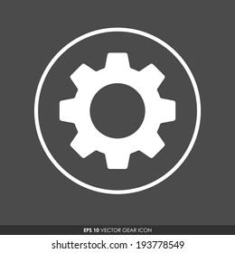 Gear or cog icon in circle  on dark gray background