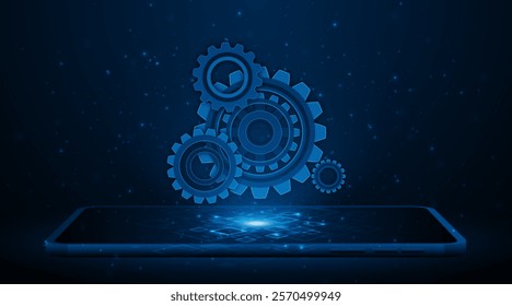 Gear or cog icon on a smartphone or tablet. Concepts of mechanical engineering technology and the engine industry of the future.	