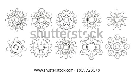 Gear or cog icon on a white background.Technical drawing of gear . Rotating mechanism of round parts .Vector illustration.	
