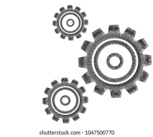 Gear or cog icon with triangles, polygons, dots and lines on white background. Polygonal low poly design. Gears vector set. Technology wireframe concept.