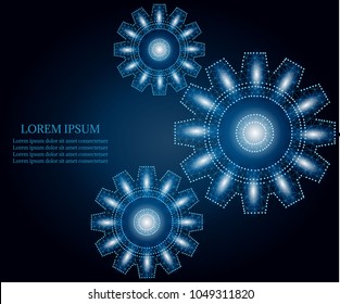 Gear or cog icon with triangles, polygons, dots and lines on blue stars sky background. Polygonal low poly design. Gears vector set. Technology wireframe concept.