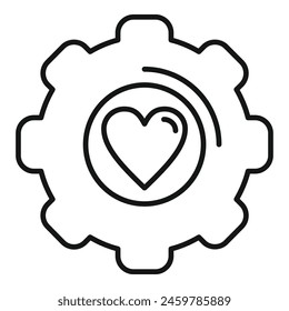 Gear cog amor corazón icono contorno Vector. Industria de máquinas. Rueda de pasión