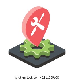 Gear cog pin map tools wrench screwdriver. Vector 3d line isometric, color web icons, new flat style. Creative design idea for infographics.