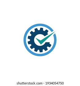 Gear cog wheel check mark logo vector image. Checkmark inside Gear or cog symbol logo design template