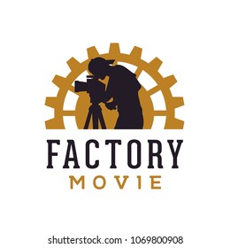 Gear Cog Wheel Factory Cameraman For Film Movie Cinema Production Studio Logo Design 
