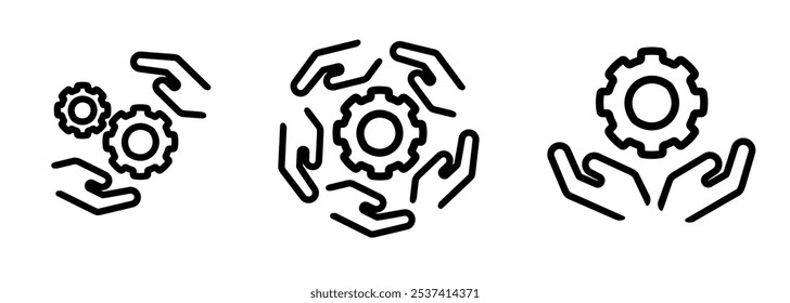 Conjunto de iconos de rueda dentada y mano Ilustración Esquema de línea Símbolo de trazo de ingeniería de automatización Servicio mecánico Colaboración Trabajo en equipo