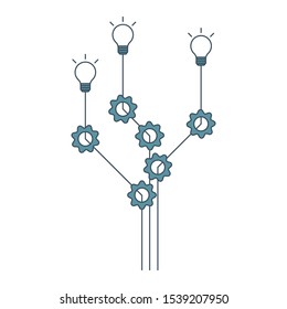 Gear cogs and lamp bulbs demonstrate business process. Lamps and cogwheels template for infographics. Progress, process, collaboration illustration. Vector illustration.