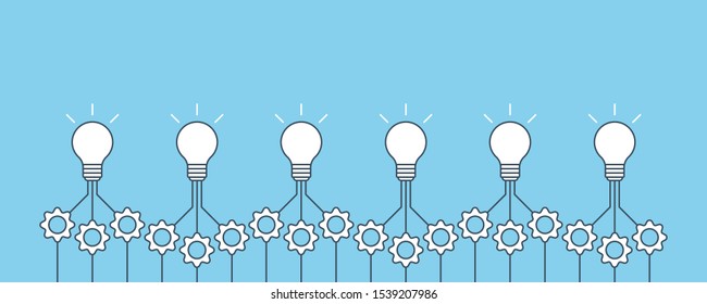 Gear cogs and lamp bulbs demonstrate business process. Lamps and cogwheels template for infographics. Progress, process, collaboration illustration. Vector illustration.