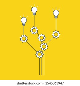 Gear cogs and lamp bulbs demonstrate business process.Yellow background. Lamps and cogwheels template for infographics. Progress, process, collaboration illustration. Vector illustration.