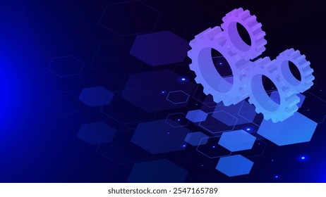 Zahnrad und Zahnrad isometrisch auf Sechsecken und leuchtenden Teilchen Hintergrund. Konzeption von Mechanismen, Ideen und digitalen Technologien. Vektorgrafik