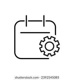 Gear or Cogwheel By Calendar Vector Sign for Shops and Stores. Suitable for books, stores, shops. Editable stroke in minimalistic outline style. Symbol for design 