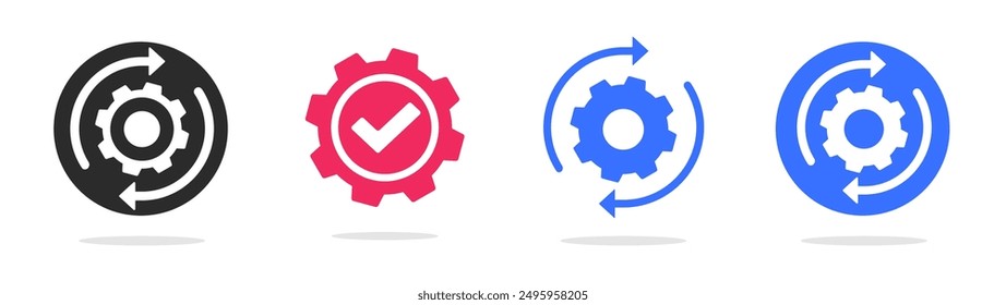 Gear cogwheel check mark icon as maintenance vector graphic simple pictogram set, blue red black turning rotating procedure arows, automation symbol, execute ui ux design image clip art