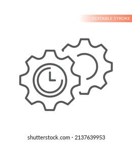Gear or cogwheel and clock line vector icon. Settings outlined symbol.