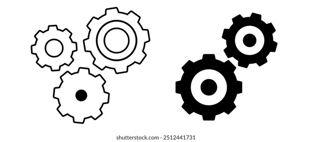 Gear cogwheel functions system pictogram vector icon simple graphic illustration set, config settings automation configuration sign symbol line outline stroke and solid tech cog wheel image clip art 