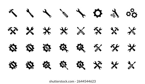 Gear And Cogwheel Icon Set. Cog, Wrench, Workshop, Teamwork, Repairing, Working, Organization, Planning, Machine, Engineering Icons Vector Illustration