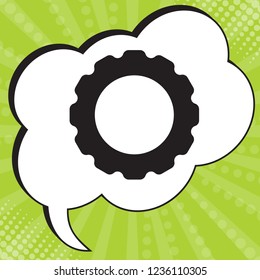 Gear or cogwheel icon. Vector. Black icon in speech bubble at popart yellow green background.