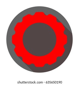 Gear or cogwheel icon. Vector. Red icon with reddish shadow on dark gray circle at white background. Isolated.