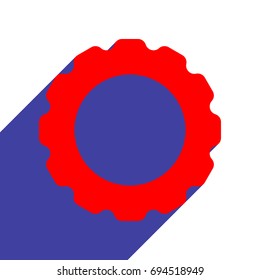 Gear or cogwheel icon. Vector. Red flat style icon with dark blue long shadow on white background.
