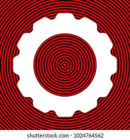 Gear or cogwheel icon. Vector. White icon on red and black radial pattern as background. Isolated.