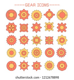 gear and cogwheel icons set, orange and yellow color theme