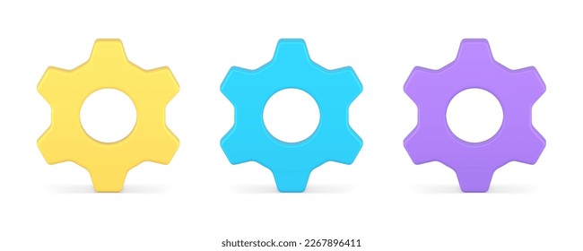 Gear cogwheel industrial mechanism business process development technology settings 3d icon set realistic vector illustration. Mechanical cog engineering progress brainstorming cooperation spin tool