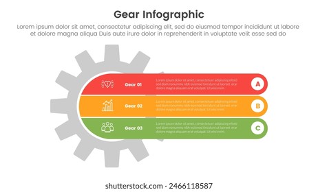 gear cogwheel infographic template banner with round rectangle through gear with 3 point list information for slide presentation vector